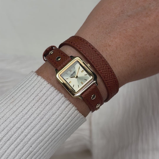 CLUSE Gracieuse Mini Watch Double Leather Nutshell, Studs, Gold Colour CW15507 - Moving wrist shot