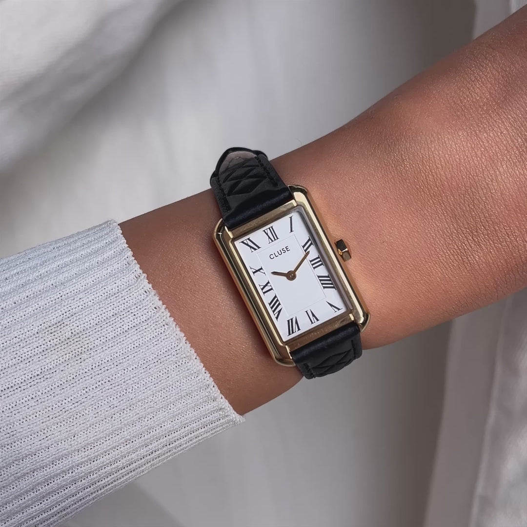 CLUSE Belisenna Watch Leather, Black Quilted, Gold Colour CW15005 - Moving watch on wrist