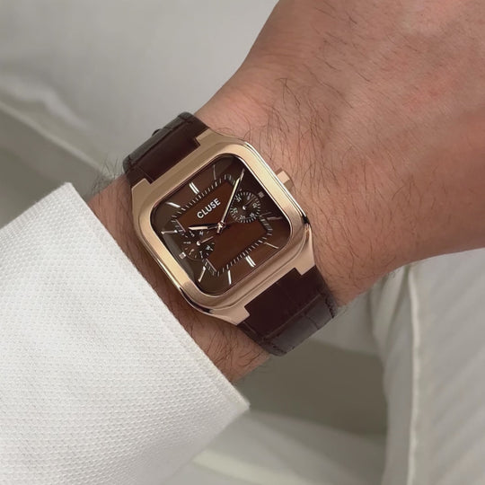 CLUSE Quadrus Multifunction Watch Leather, Brown, Rose Gold Colour CW26206 - Moving wrist shot