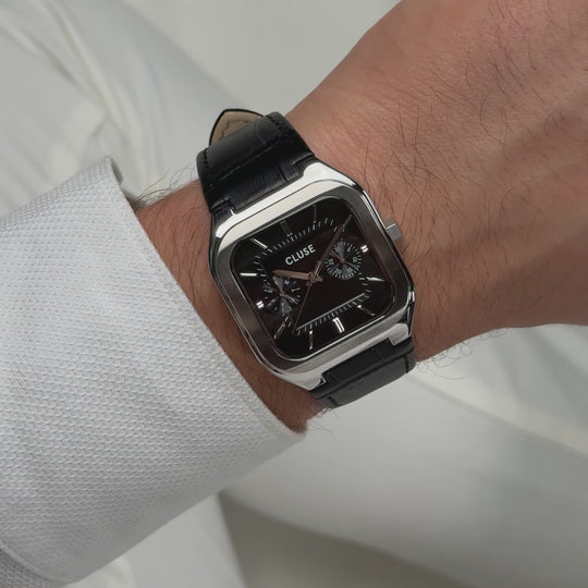 CLUSE Quadrus Multifunction Leather, Black, Silver Colour CW26203 - Moving wrist shot