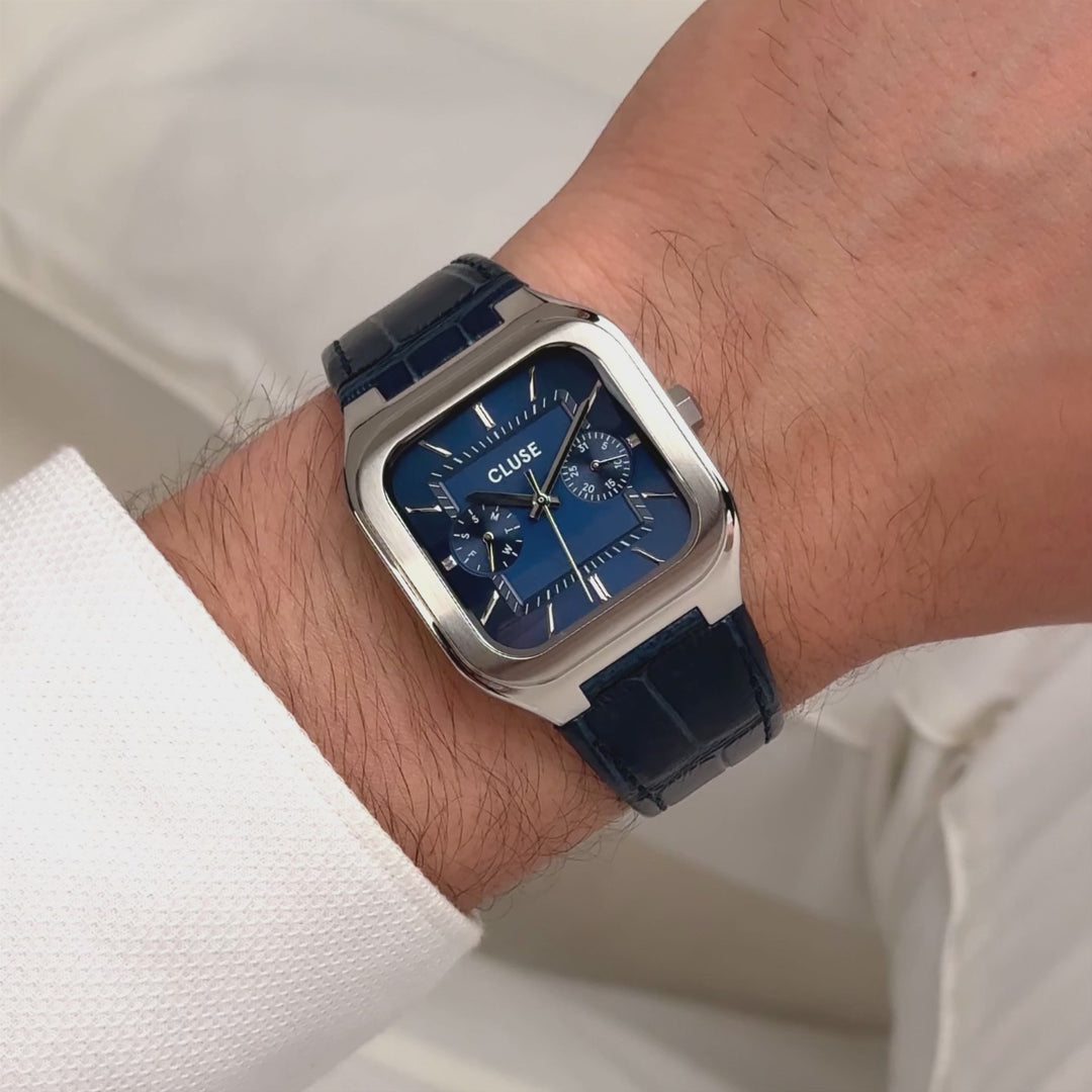 CLUSE Quadrus Multifunction Leather, Blue, Silver Colour CW26207 - Moving wrist shot