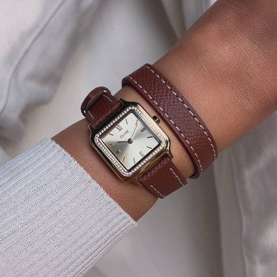 CLUSE Gracieuse Petite Watch Double Leather, White stones, Nutshell, Full Gold Colour CW11821 - Watch on wrist video