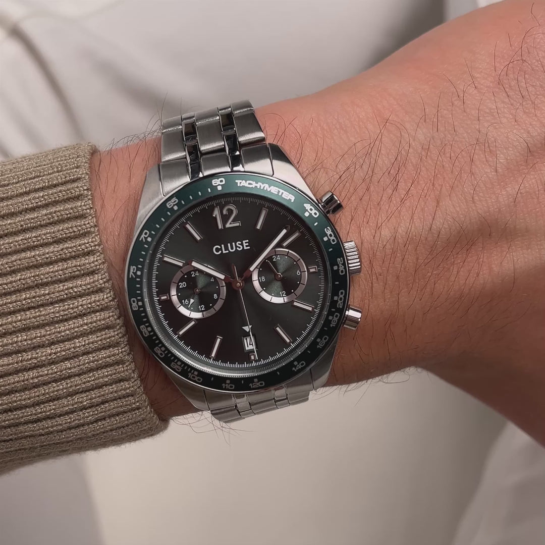 CLUSE Aravis Dual Timer Steel, Green, Silver Colour CW25602 - Moving wrist shot