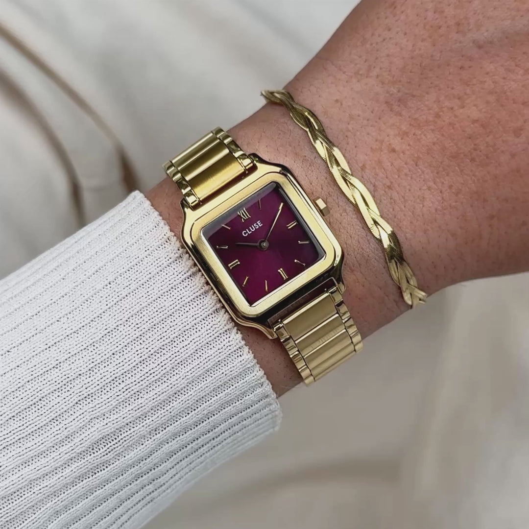CLUSE Gift Box Gracieuse Petite Watch Steel, Dark Cherry & Braided Snake Bracelet, Gold Colour CG11805 - wristshot video with watch and bracelet