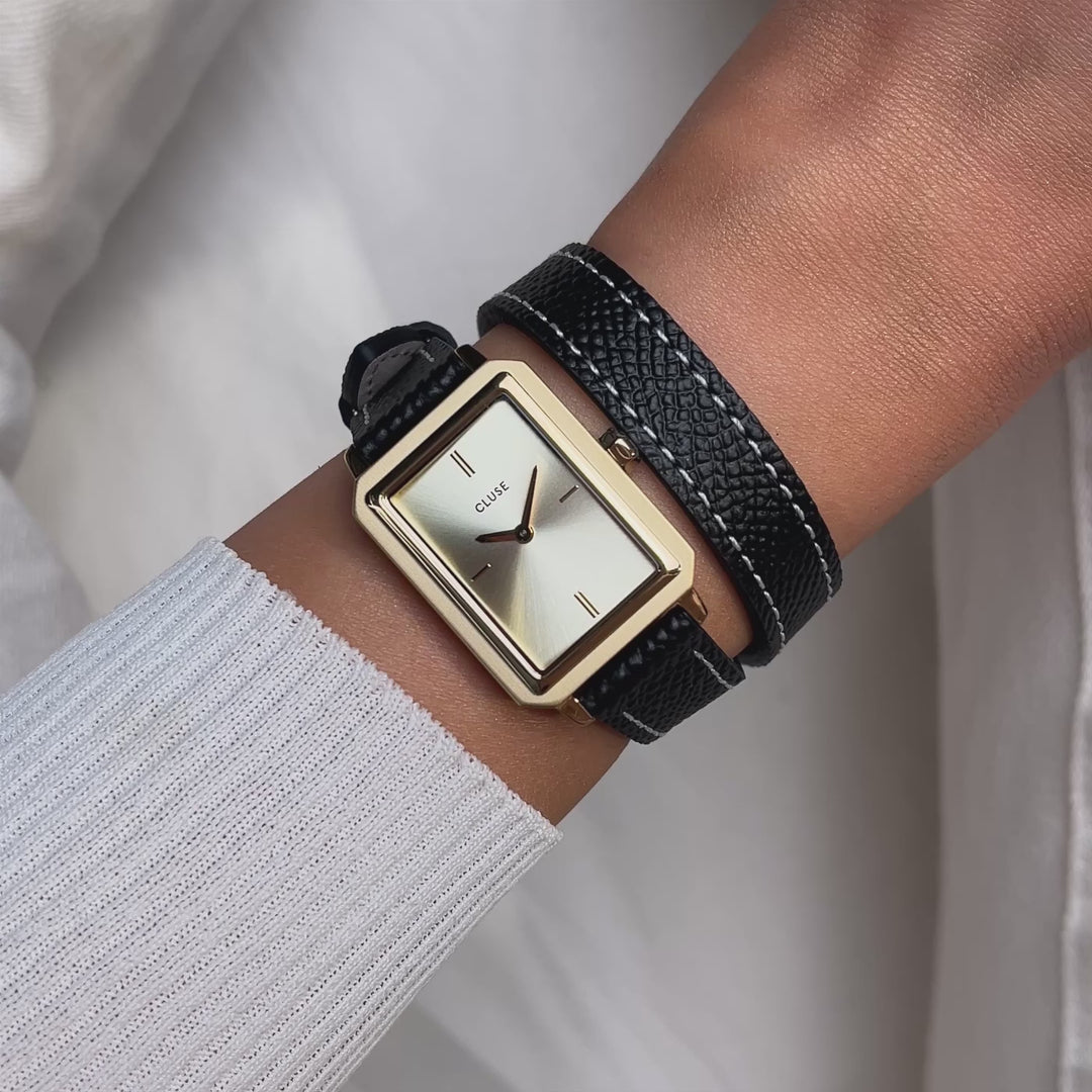 CLUSE Fluette Watch Double Leather, Black, Full Gold Colour CW11517 - Moving wrist shot