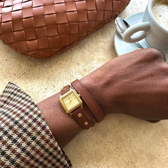 CLUSE Gracieuse Mini Watch Double Leather Nutshell, Studs, Gold Colour CW15507 - Watch on influencer