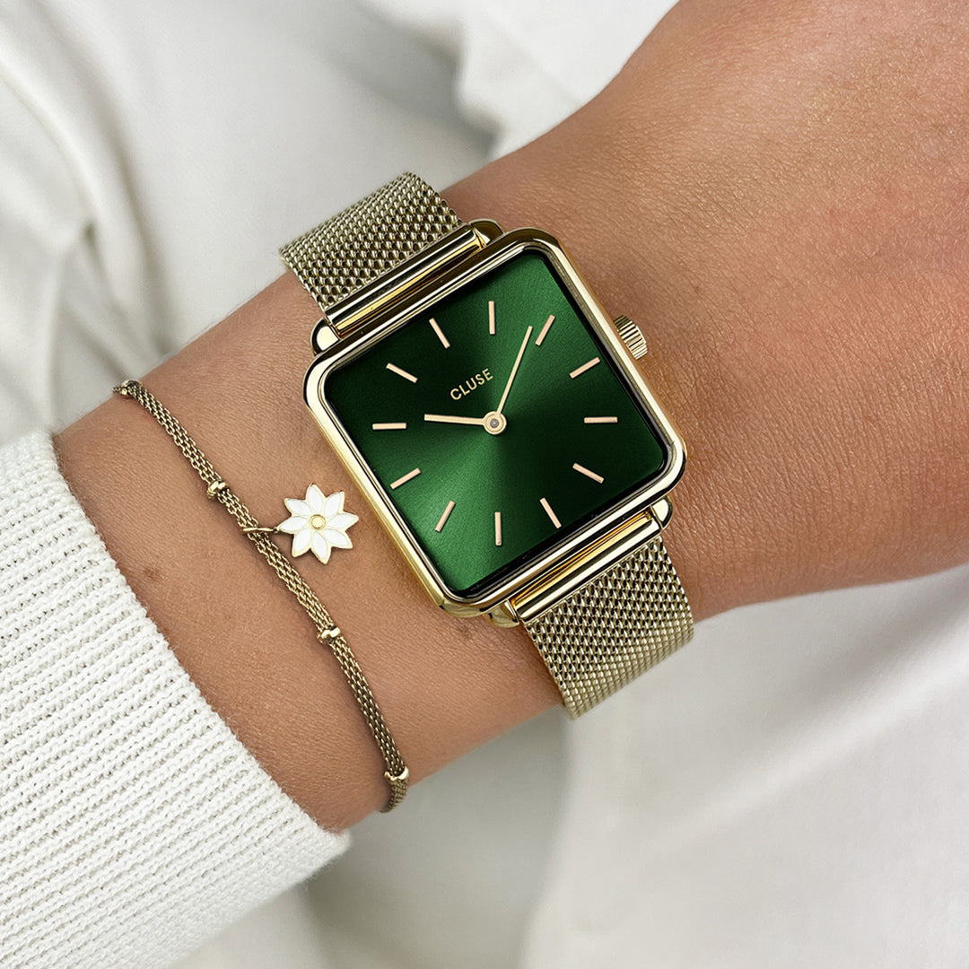 Giftbox La Tétragone Watch Mesh, Green & Chain Bracelet Daisy, Gold Colour CG10115 - Wrist shot