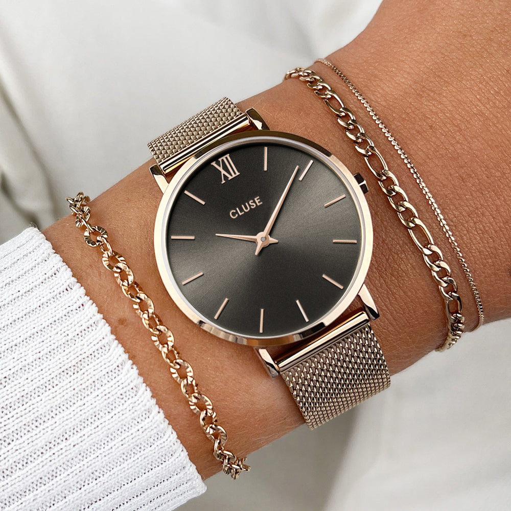 CLUSE Minuit Mesh Grey, Rose Gold CW10207 - Watch on wrist.