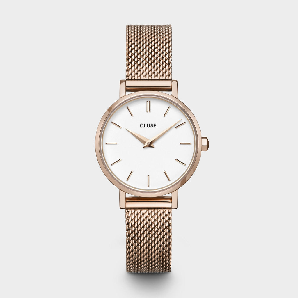 Boho Chic Petite Watch Mesh, White, Rose Gold Colour