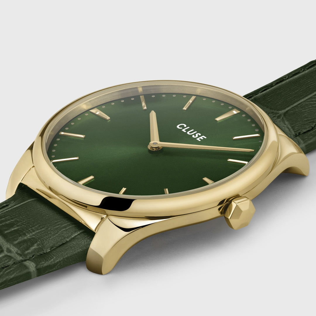CLUSE Féroce Leather, Gold, Forest Green Croco CW0101212006 - Watch case detail