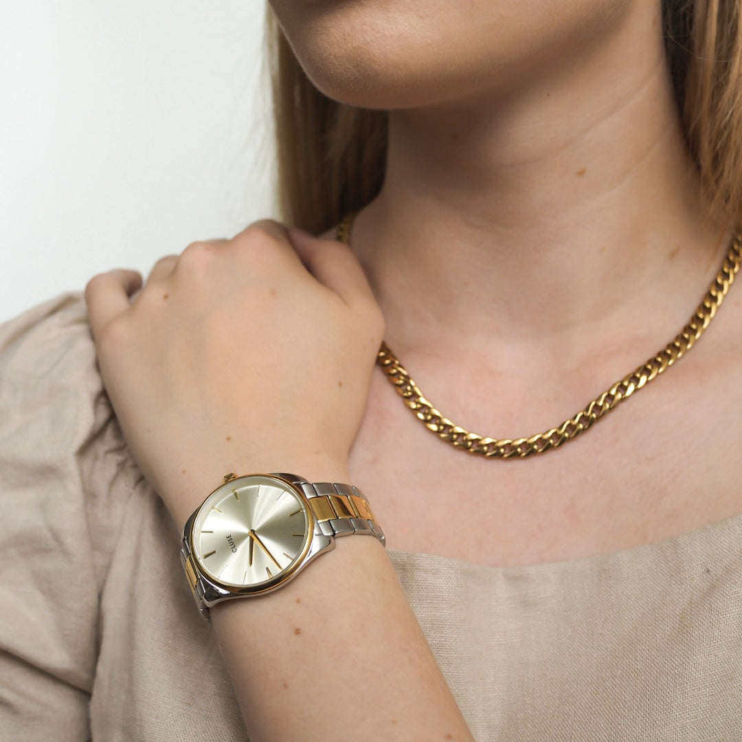 CLUSE Essentielle Necklace Flat Curb Chain Gold Colour CN13307 - Necklace on neck