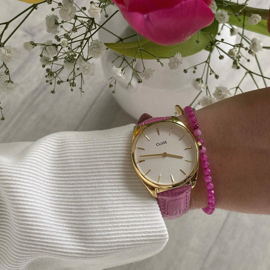 Essentielle Pink Beads Bracelet, Gold Colour CB13355 - Bracelet on wrist