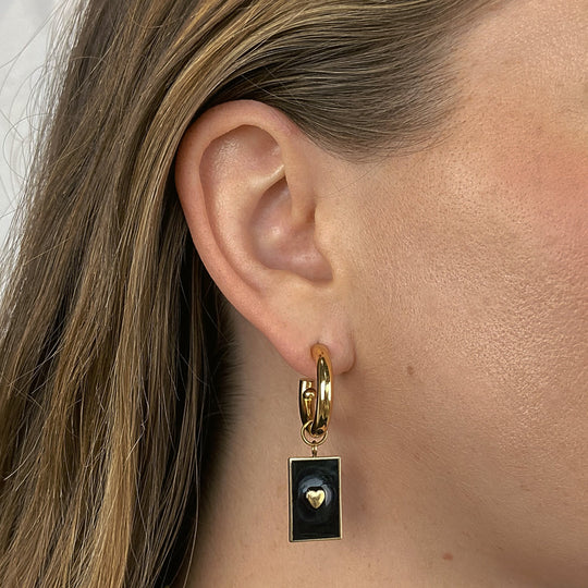 Essentielle Black Rectangular Charm Hoop Earrings, Gold Colour CE13324 - Earrings on ear