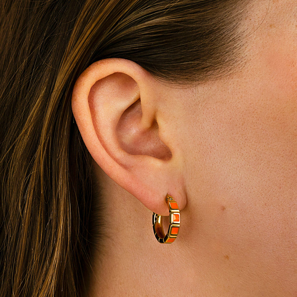 Essentielle Orange Block Hoop Earrings, Gold Colour CE13327 - Earrings on model