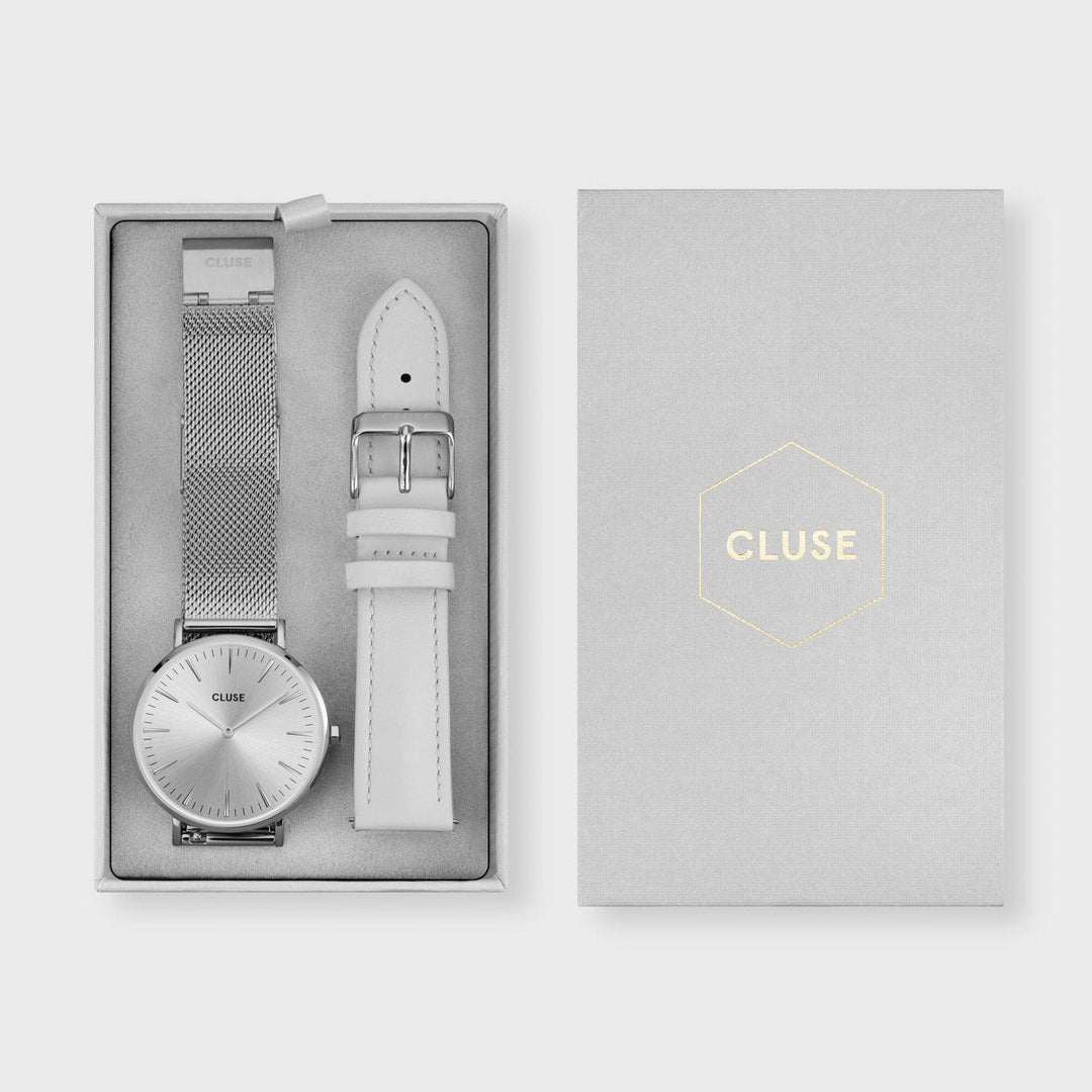 CLUSE Gift Box Boho Chic Watch and Strap, Silver Colour CG10105 - Gift box packaging