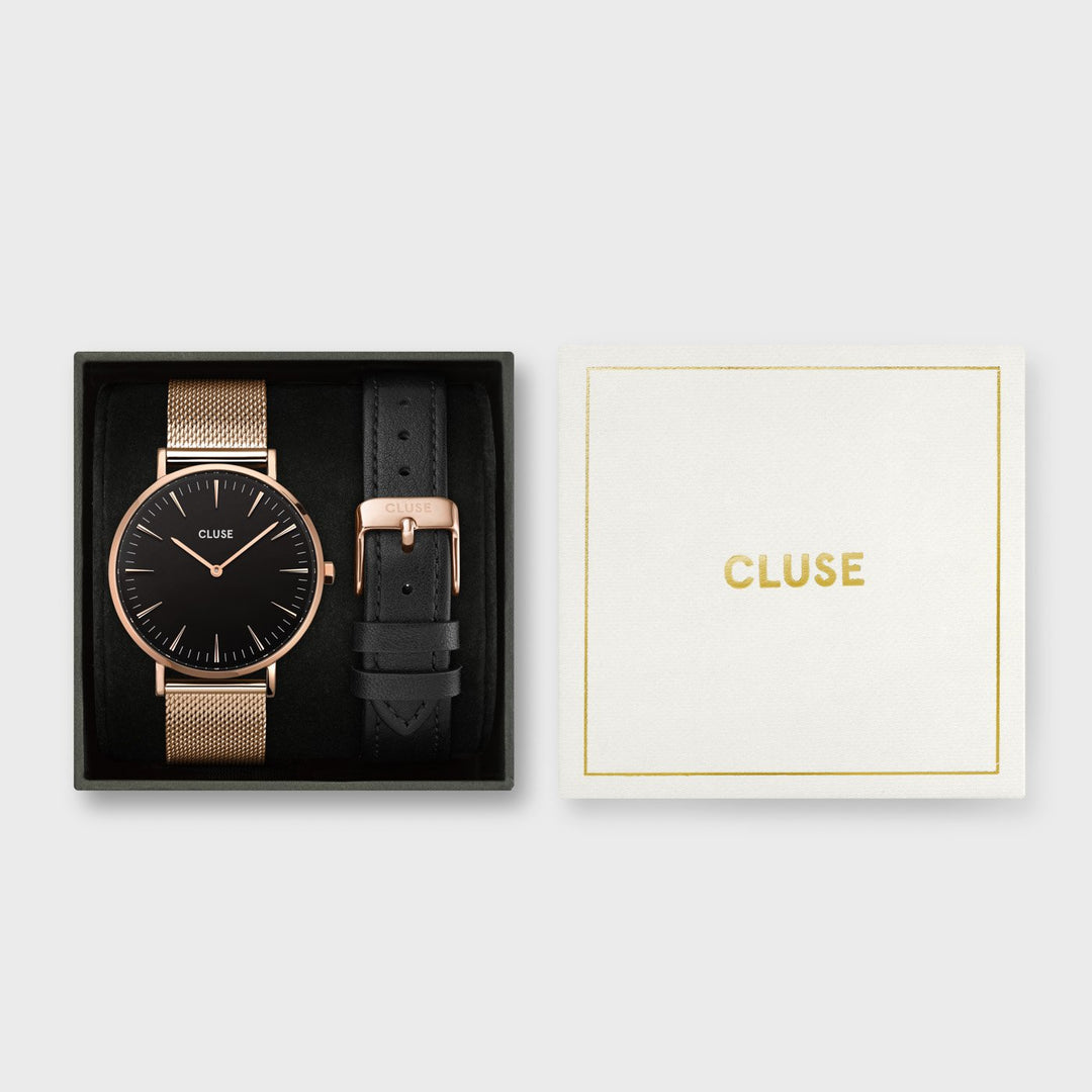 CLUSE Gift Box Boho Chic Mesh Watch & Leather Strap Rose Gold Colour CG10106 - Gift box packaging