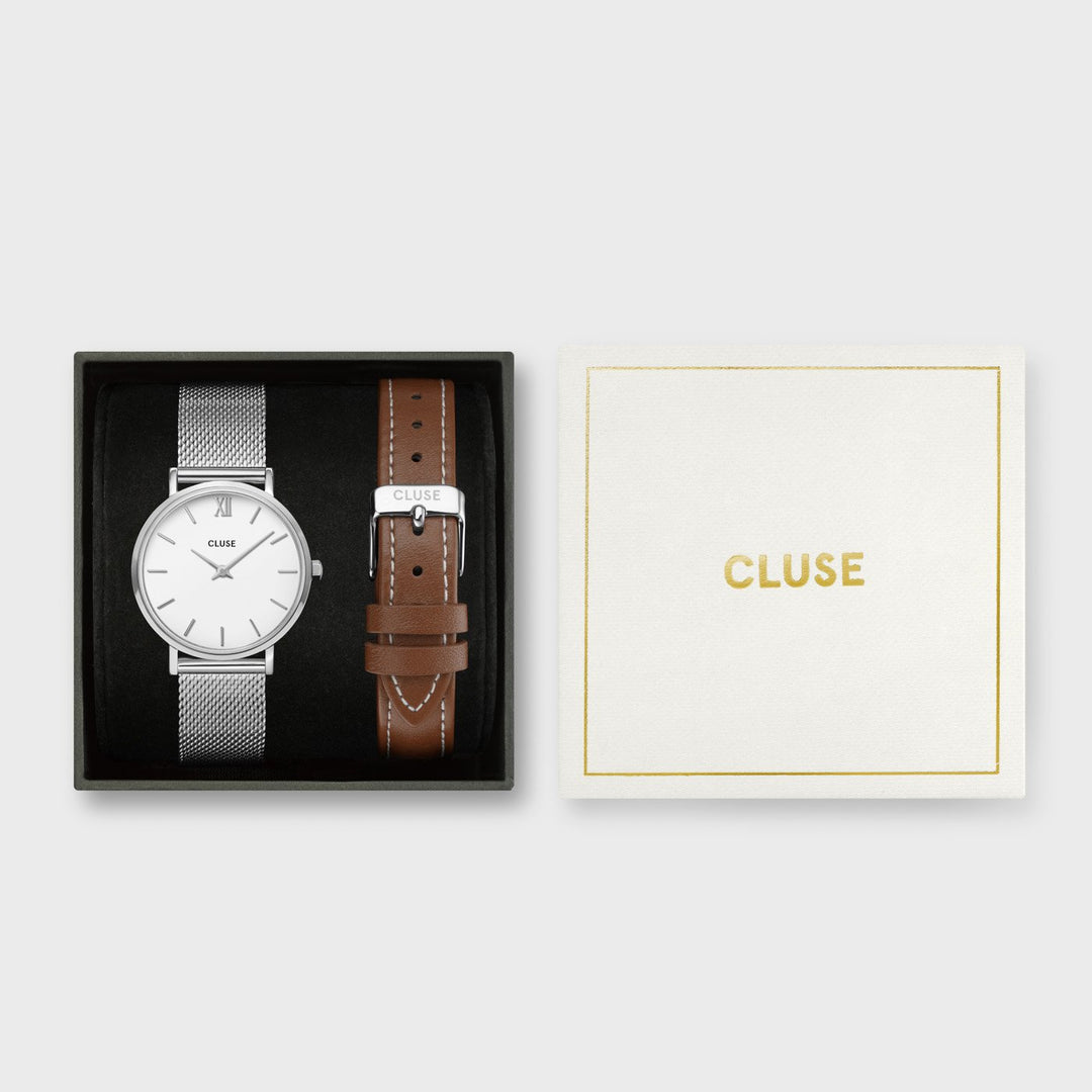 CLUSE Gift Box Minuit Watch & Brown Leather Strap Silver Colour CG10207 - Gift box packaging