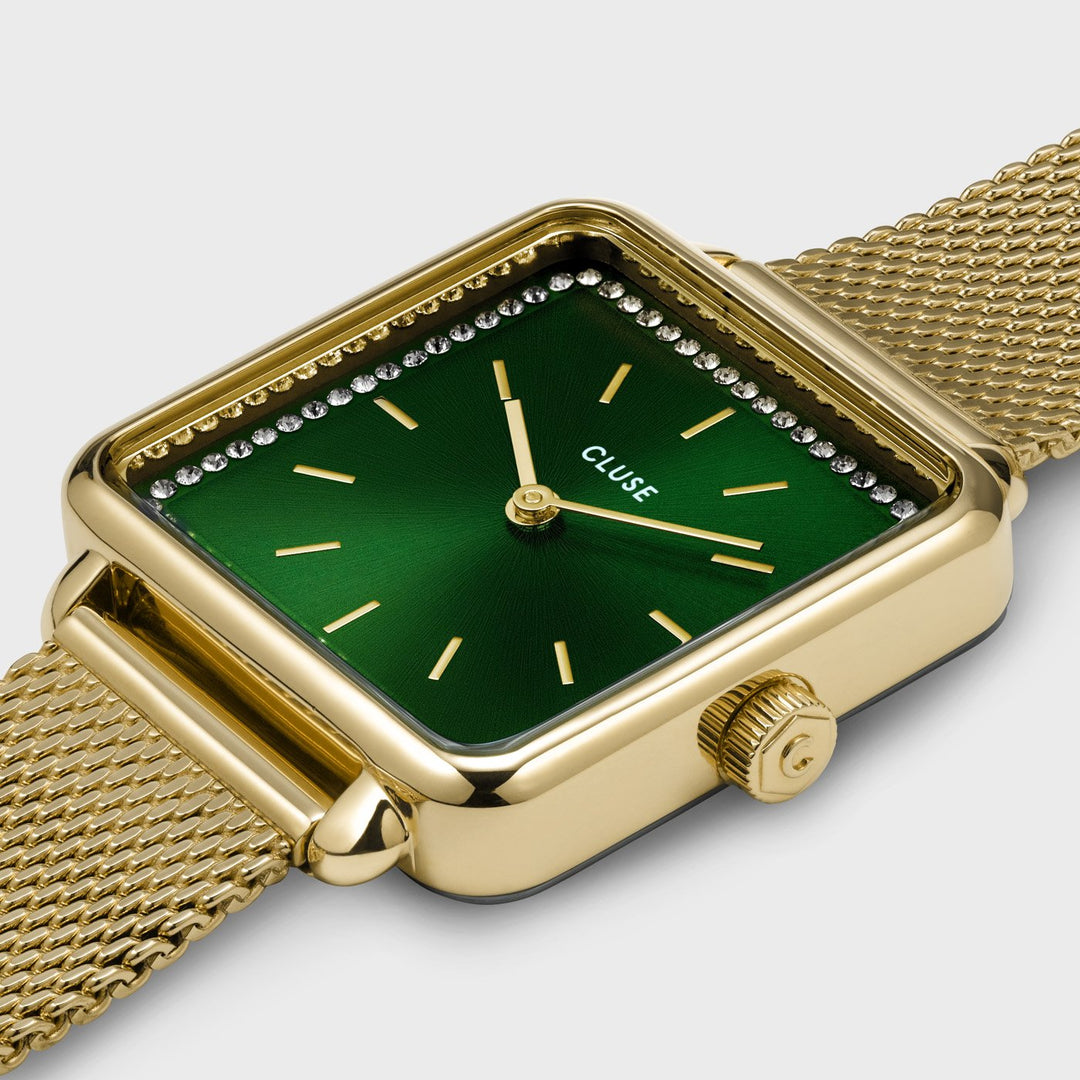 CLUSE Giftbox La Tétragone Mesh Gold Colour & Malachite Bracelet CG10317 - Watch case detail