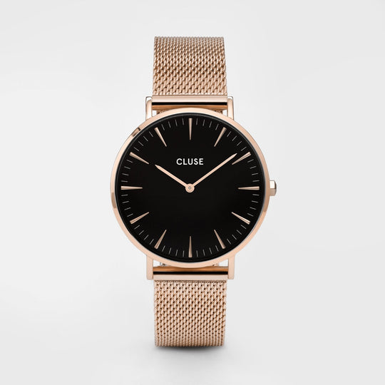 CLUSE Boho Chic Mesh, Rose Gold, Black & Black Strap Gift Box CG1519201003 - watch face front