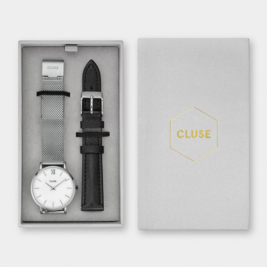 CLUSE Minuit Mesh, Silver, White & Black Strap Gift Box CG1519203003 - gift box packaging