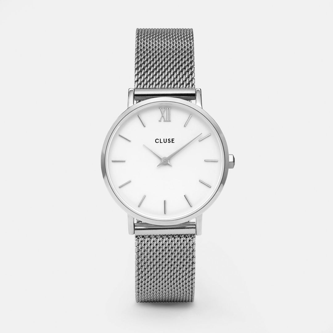CLUSE Minuit Mesh, Silver, White & Black Strap Gift Box CG1519203003 - watch face front