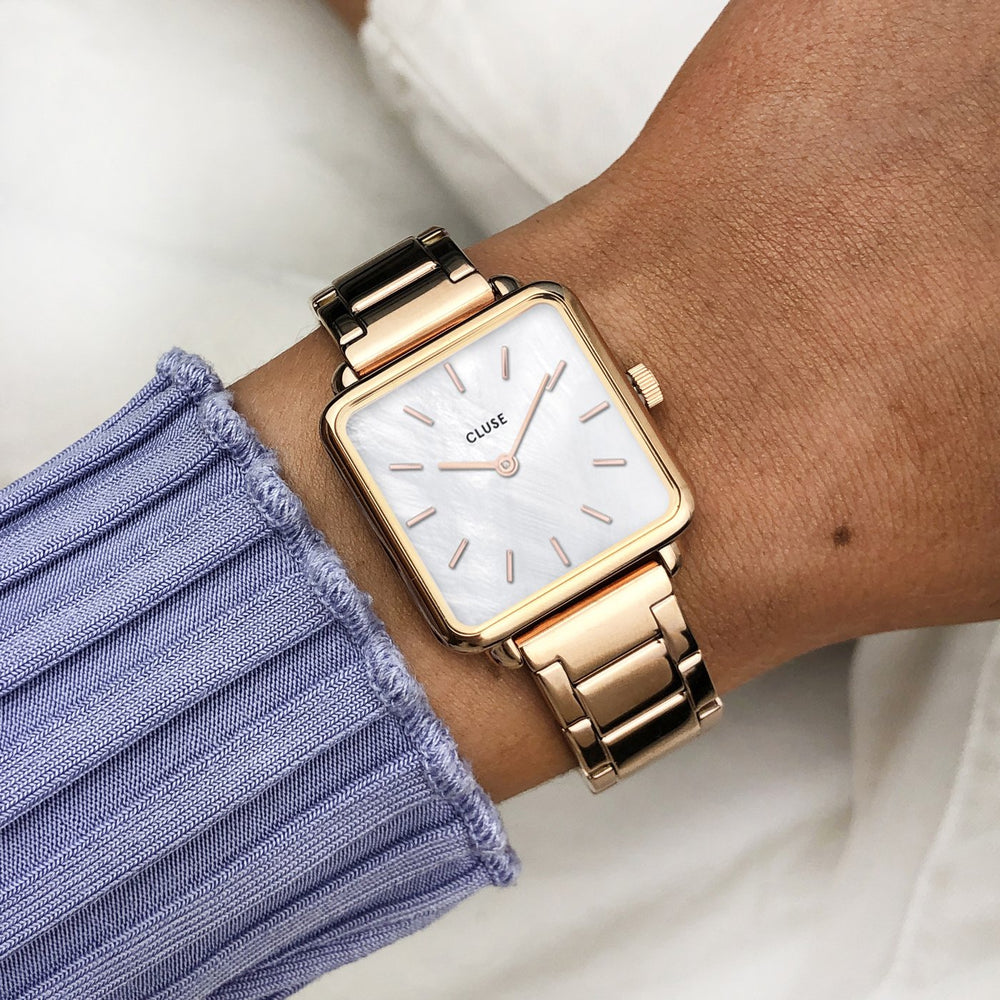 CLUSE La Tétragone Three Link Rose Gold/White Pearl CL60027S - Watch on wrist
