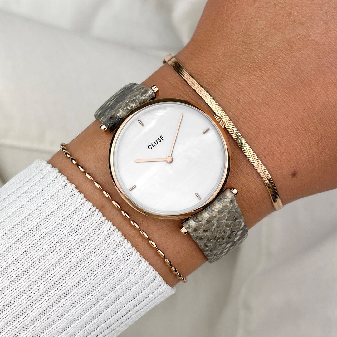 CLUSE Triomphe Rose Gold White Pearl/Soft Almond Python CL61007 - Watch on wrist