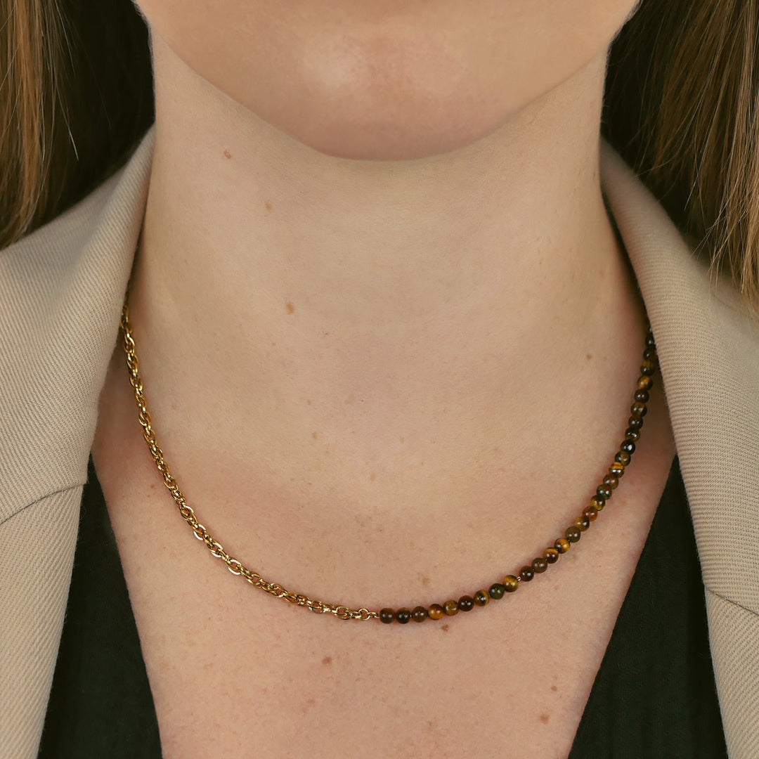 CLUSE Essentielle Mixed Chain Tiger Eye Stone Necklace, Gold Colour CN13308 - Necklace on neck