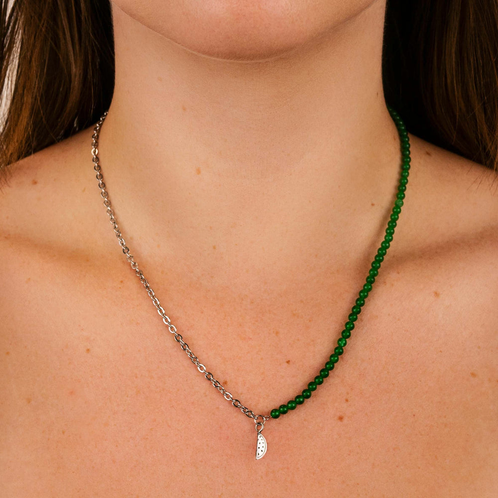 Essentielle Green Beads Watermelon Charm Necklace, Silver Colour CN13314 - Necklace on model