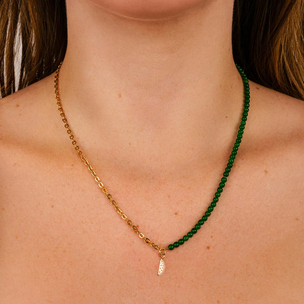 Essentielle Green Beads Watermelon Charm Necklace, Gold Colour CN13315 - Necklace on model