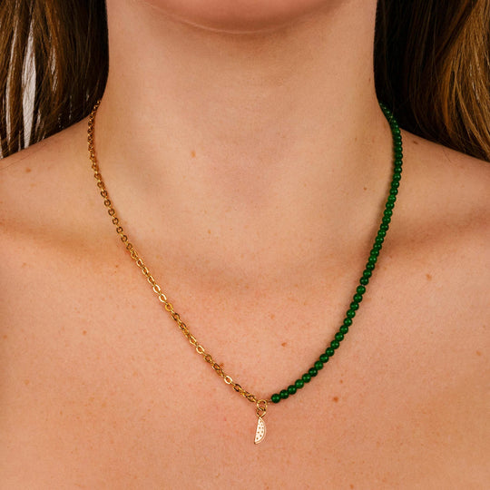 Essentielle Green Beads Watermelon Charm Necklace, Gold Colour CN13315 - Necklace on model