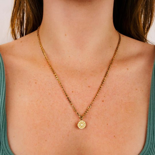 Essentielle Figaro Chain Citrus Charm Necklace, Gold Colour CN13316 - Necklace on model