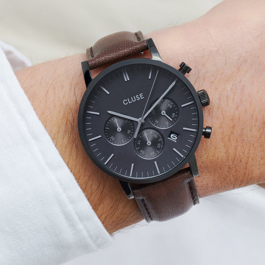 CLUSE Strap 20 mm Leather, Dark Brown/ Black CS1408101067 - watch on wrist