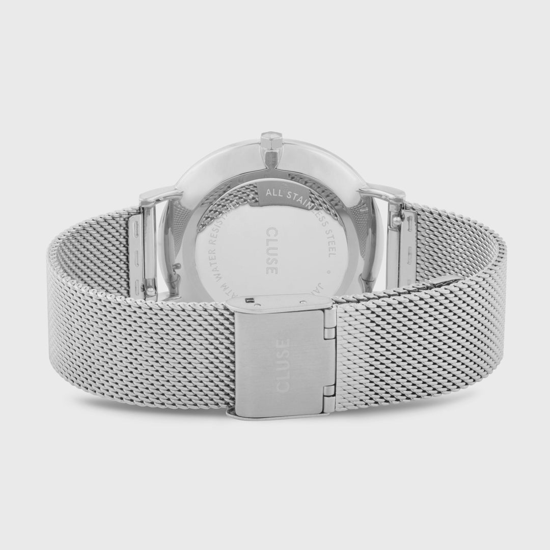 Giftbox Boho Chic Mesh & Leather Strap, Silver Colour CG10118 - Watch clasp and back