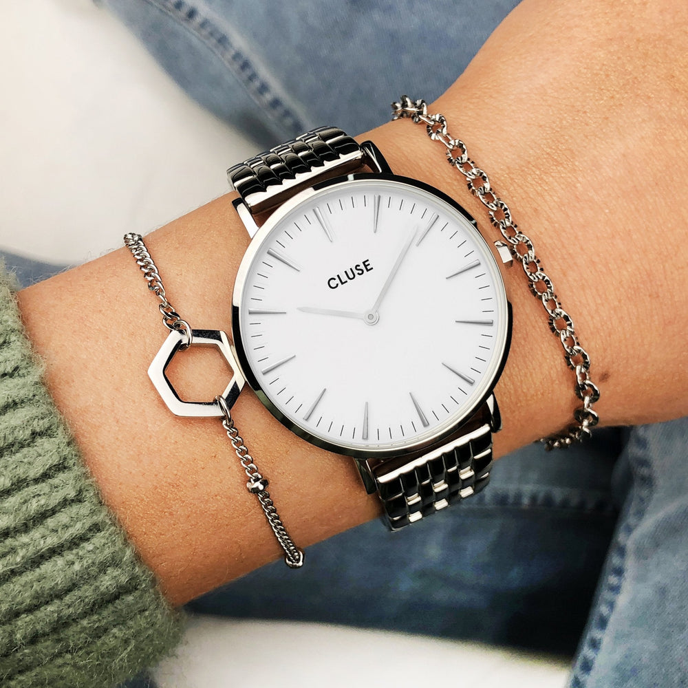 CLUSE Boho Chic Multi-Link Silver White/Silver - Watch on wrist