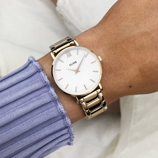 CLUSE Minuit 3-Link Rose Gold White/Rose Gold - Watch on wrist