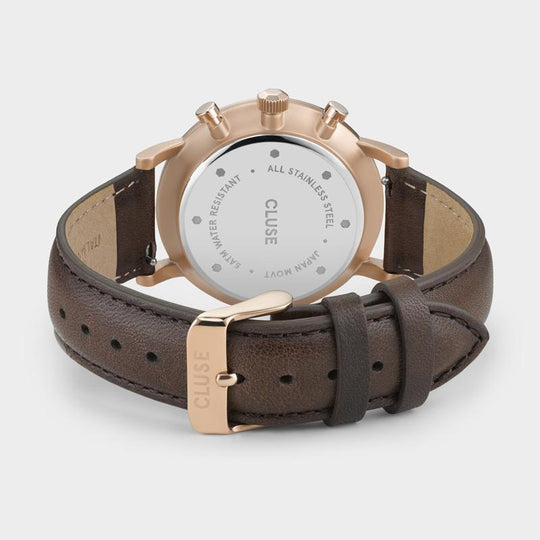 CLUSE Aravis chrono leather rose gold white/dark brown CW0101502002 - Watch clasp and back