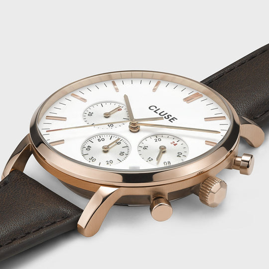 CLUSE Aravis chrono leather rose gold white/dark brown CW0101502002 - Watch case details