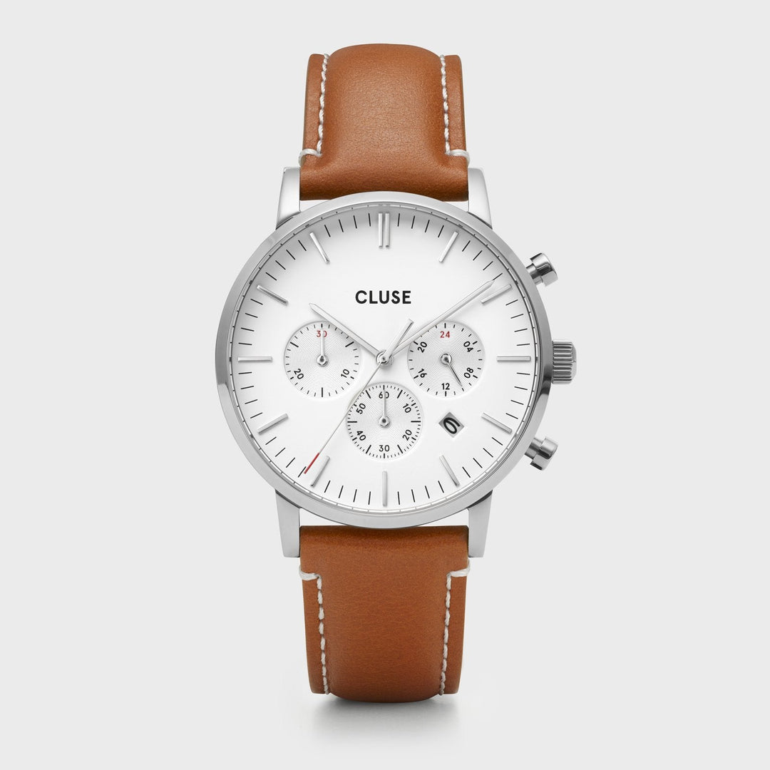 CLUSE Aravis chrono leather silver white/light brown CW0101502003 - Watch