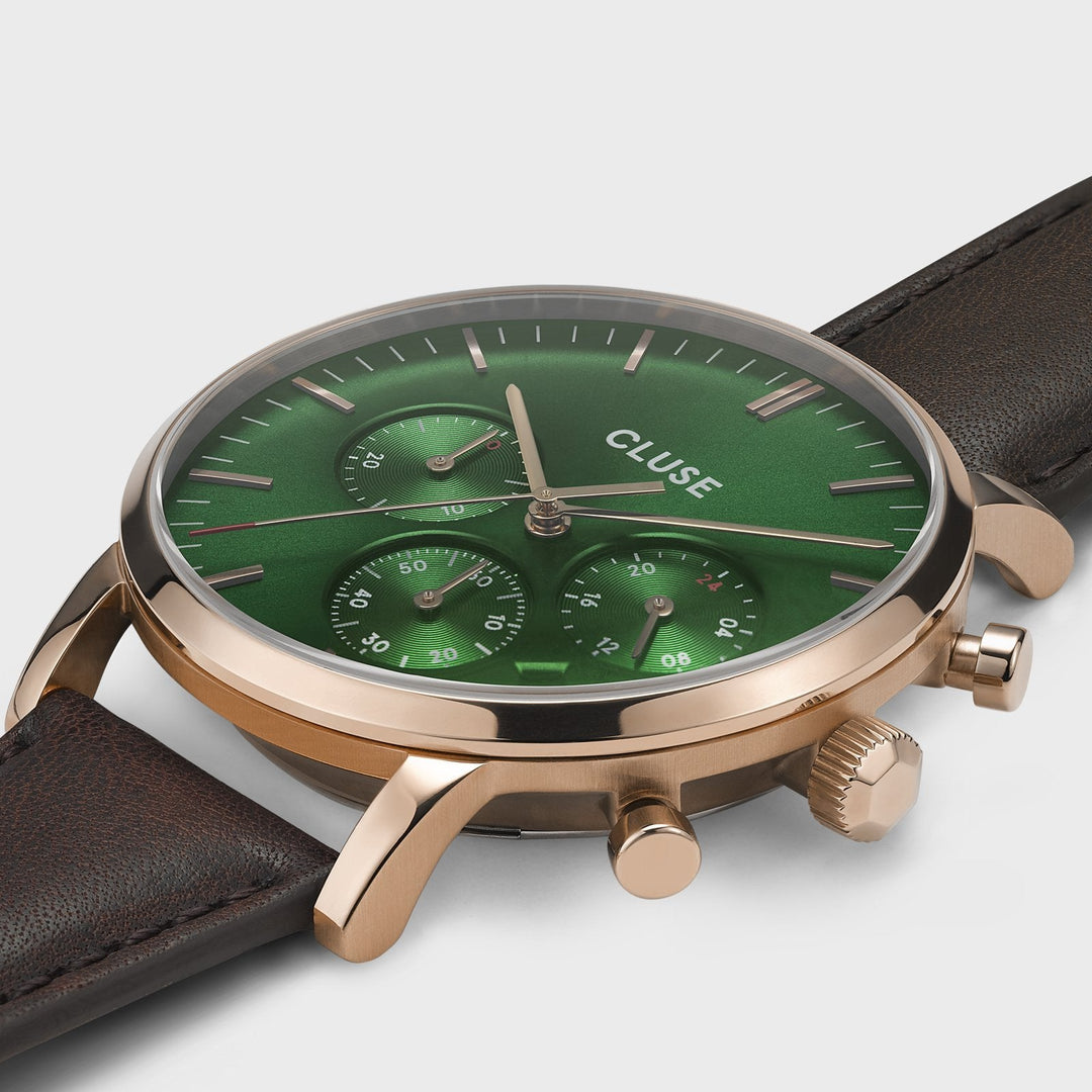 CLUSE Aravis chrono leather rose gold green/dark brown CW0101502006 - Watch case detail