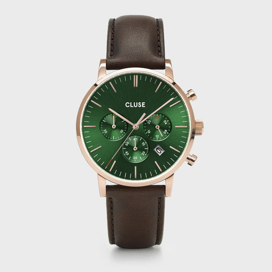 CLUSE Aravis chrono leather rose gold green/dark brown CW0101502006 - Watch