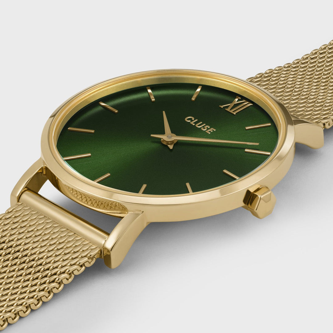CLUSE Minuit Mesh Green/Gold CW10206 - Watch case detail.