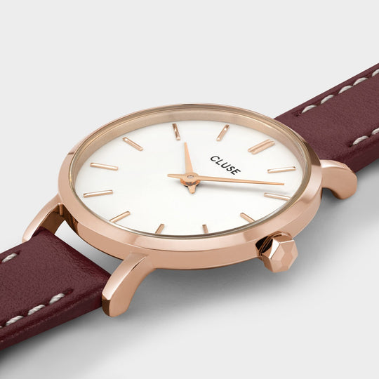 CLUSE Boho Chic Petite Leather, Dark Red, Rose Gold Colour CW10504 - Watch case detail