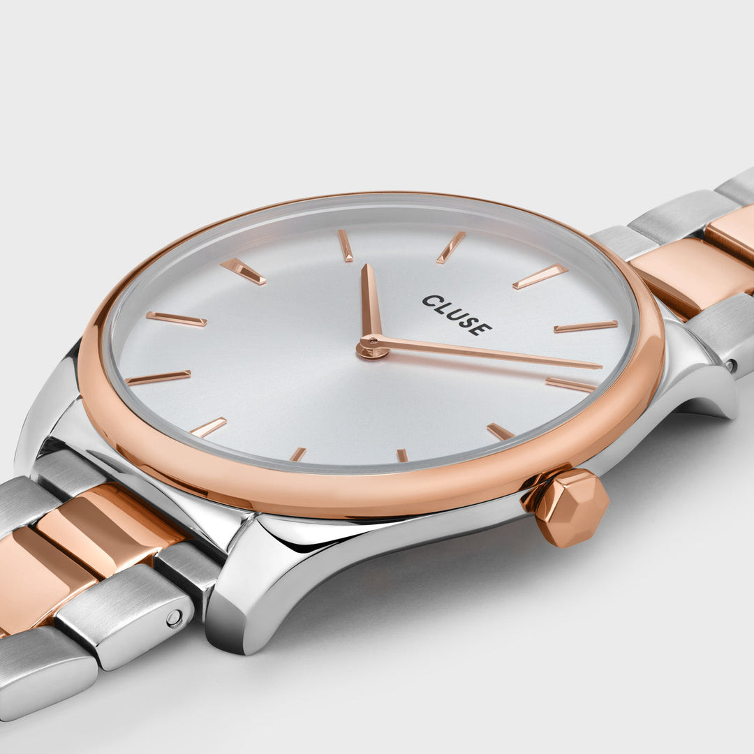 CLUSE Féroce Steel White, Rose Gold/Silver Colour CW11104 - Watch case detail.