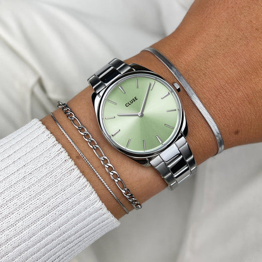 CLUSE Féroce Petite Steel Silver/Light green CW11215 - Watch on wrist