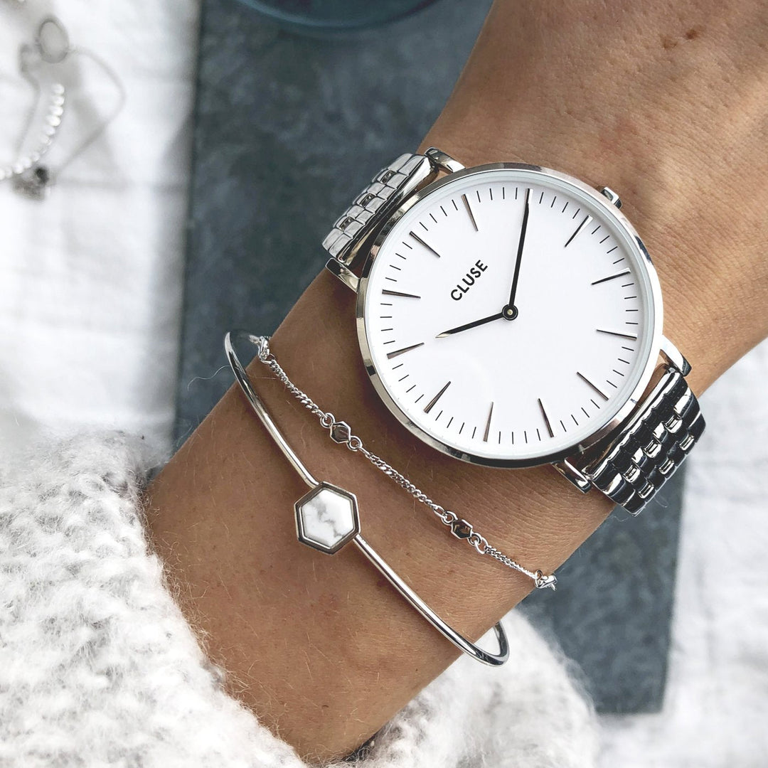 CLUSE Boho Chic Multi-Link Silver White/Silver - Watch on model