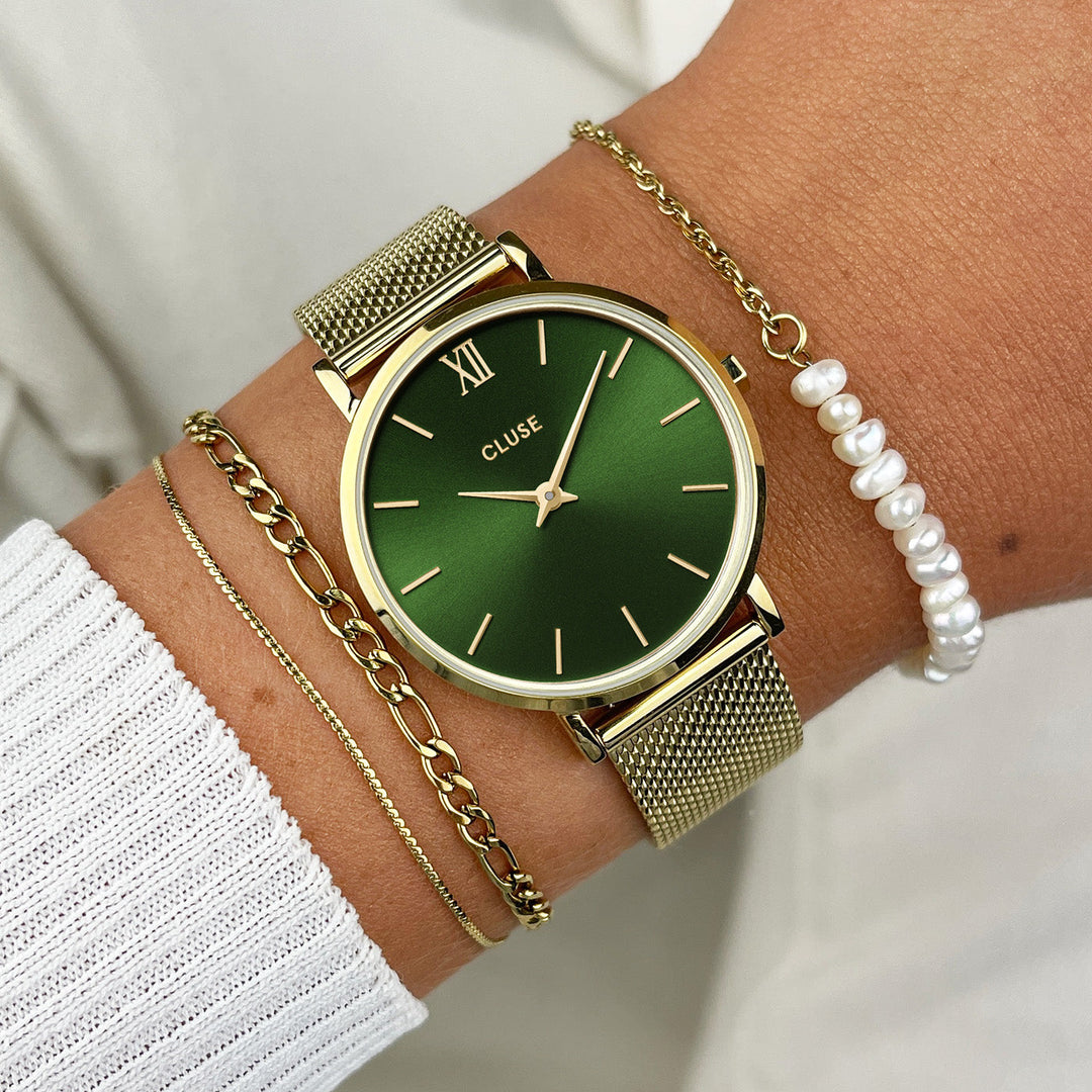 CLUSE Minuit Mesh Green/Gold CW10206 - Watch on wrist.