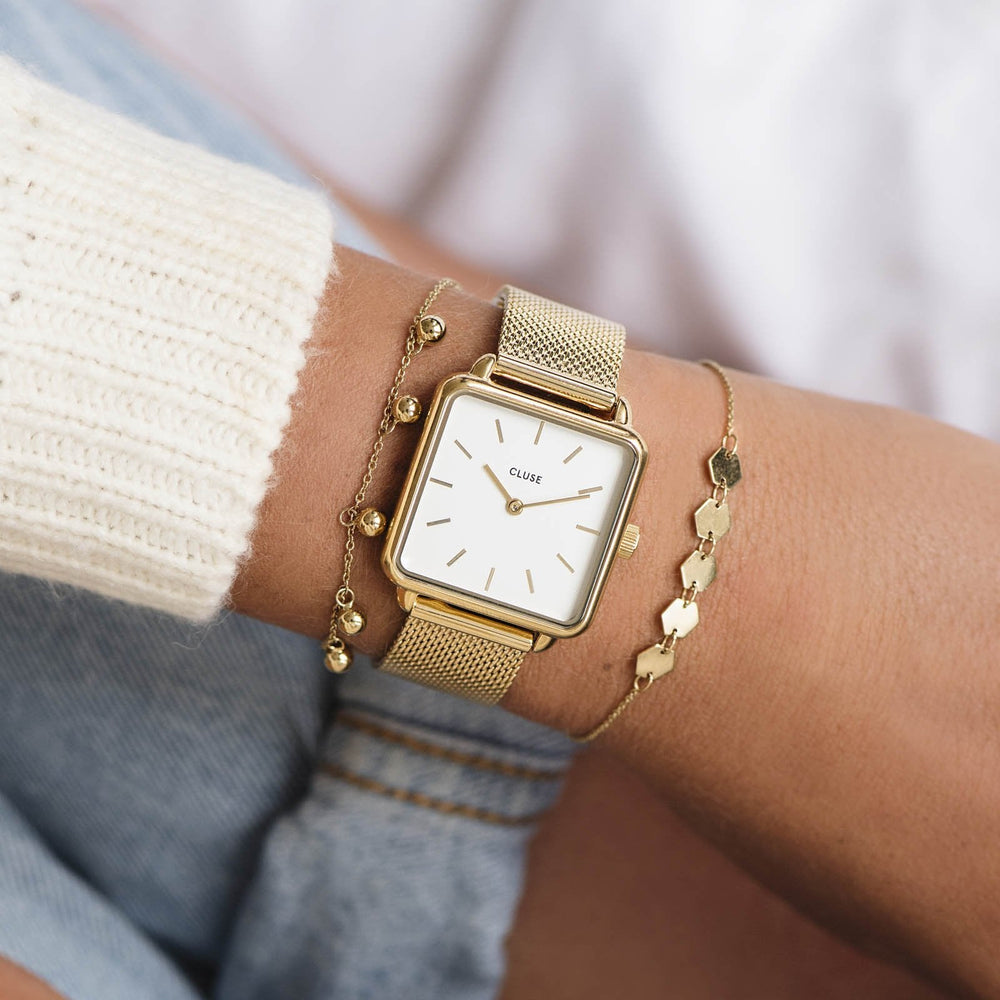 CLUSE La Tétragone Gold Mesh/White CL60002 - watch on wrist
