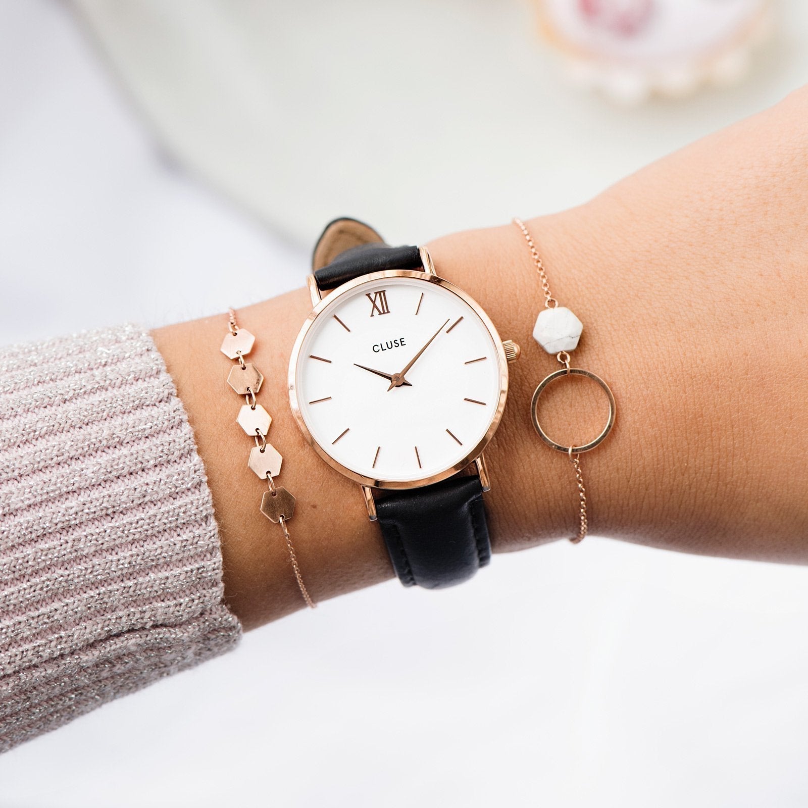 Watch Strap 16 mm Leather Black/Rose Gold Offizieller CLUSE Shop