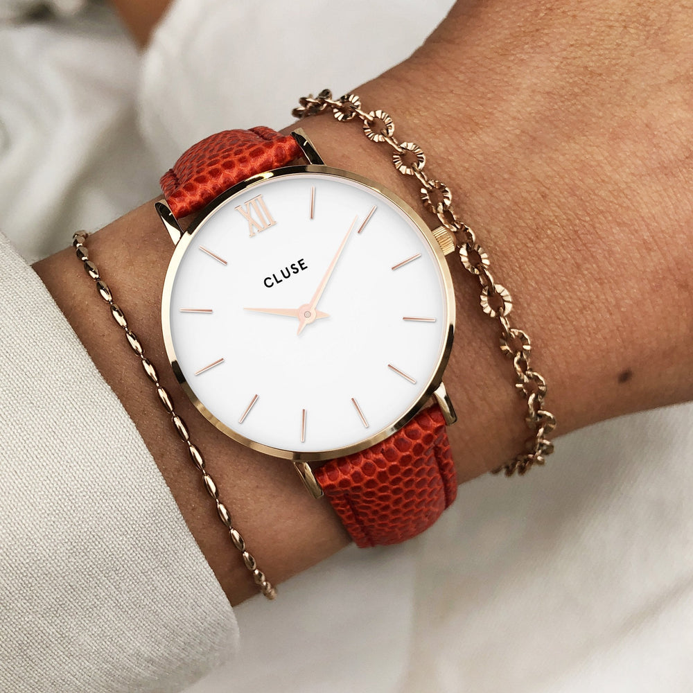CLUSE Strap 16 mm Leather Lizard Coral, Rose Gold Colour CS12212 - Strap on wrist